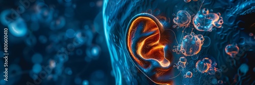 An earache visualized in an advanced medical imaging technique, highlighting the delicate structures of the inner ear, close up hitech concept photo