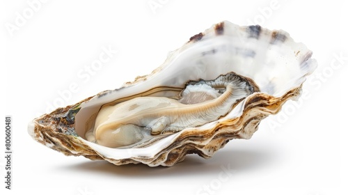 An oyster, slightly open, revealing a hint of its inner beauty, known for its pearls and culinary delight, isolated on white background