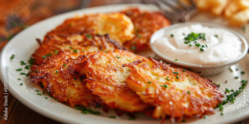 Draniki on a white plate, Traditional Belarusian dish, Crispy fried potato pancakes served with sour cream with a golden brown crust