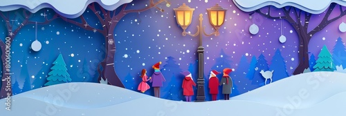 Carolers stand under a lamppost, their voices harmonizing beautifully in a joyous paper art style concept