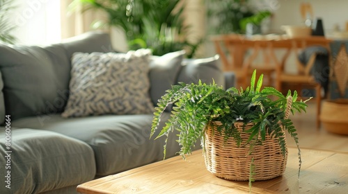 Cozy living room with wooden table with houseplant, grey sofa and wicker basket. Generated AI photo