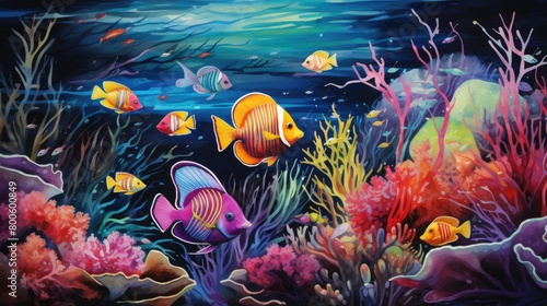 a picture intricate watercolor composition depicting a variety of tropical fish in a vibrant coral reef ecosystem