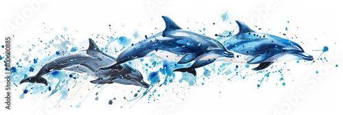 Dolphin pods swim in harmony, watercolor painting on a white background