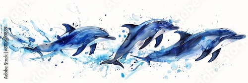 Dolphin pods swim in harmony, watercolor painting on a white background