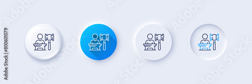 Auction line icon. Neumorphic, Blue gradient, 3d pin buttons. Bid offer sign. Act hammer deal symbol. Line icons. Neumorphic buttons with outline signs. Vector
