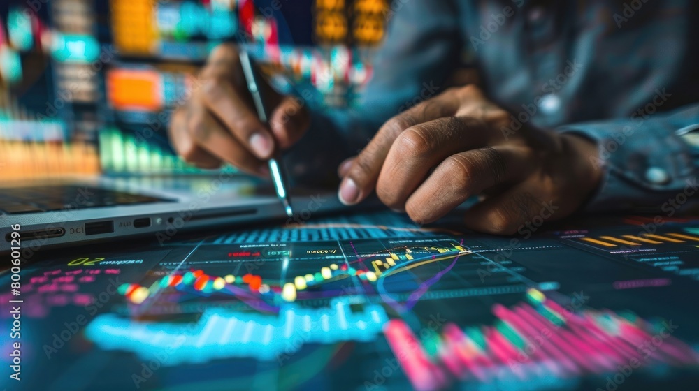 Businessman analyzing business stock market finance report. Generated AI image
