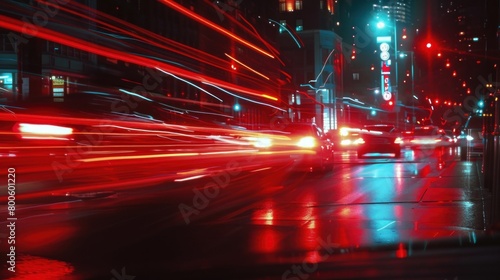 3d render long exposure of red lights cars driving at night in the city highway. Generated AI image