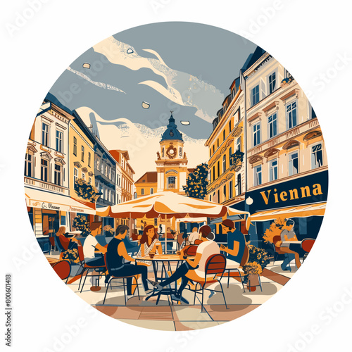 A painting of a city street with a large sign that says Vienna