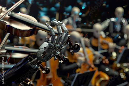 AI composing symphonies, represented by robotic hands conducting an orchestra of holographic instruments 