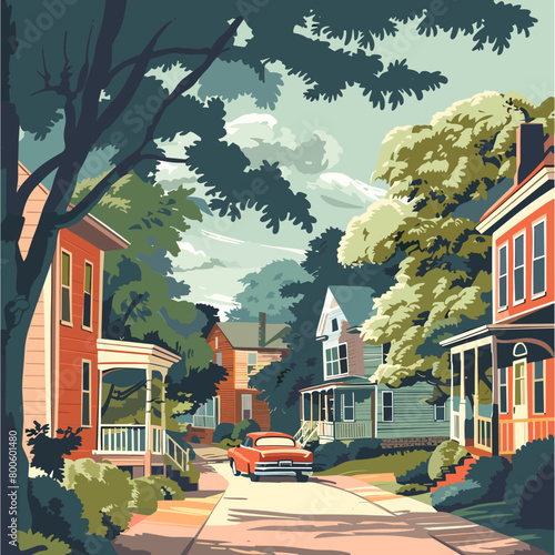 A painting of a suburban Virginia street with a red car parked on the side of the road