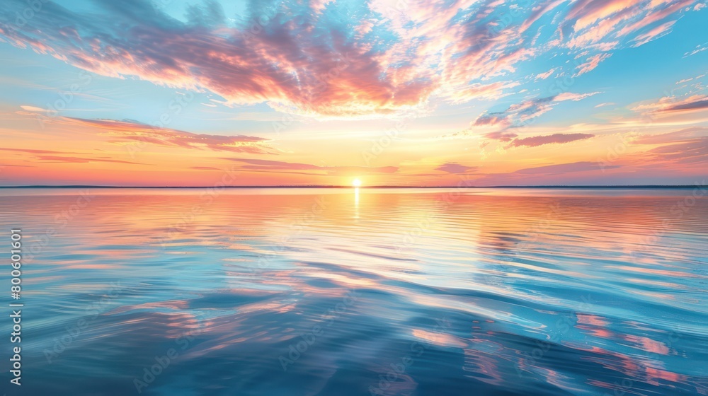 Obraz premium A peaceful sunset with soft waves and a vibrant sky reflecting on the tranquil waters of a vast lake, offering a moment of calm