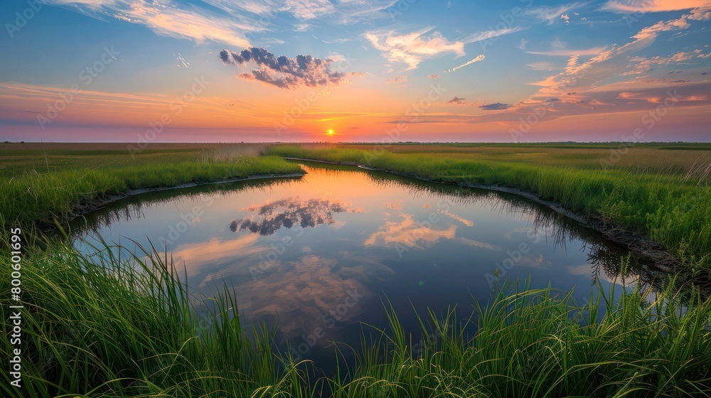 The fading sunlight gently illuminates the waterway through lush green grassland, evoking peace The fading sunlight gently illuminates the waterway through lush green grassland, evoking peace