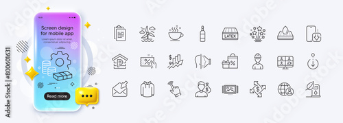 Discount coupon, Clipboard and Latex mattress line icons for web app. Phone mockup gradient screen. Pack of International recruitment, Fireworks stars, Image carousel pictogram icons. Vector