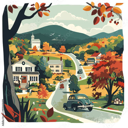 A painting of a small town Virginia with a car driving down a road