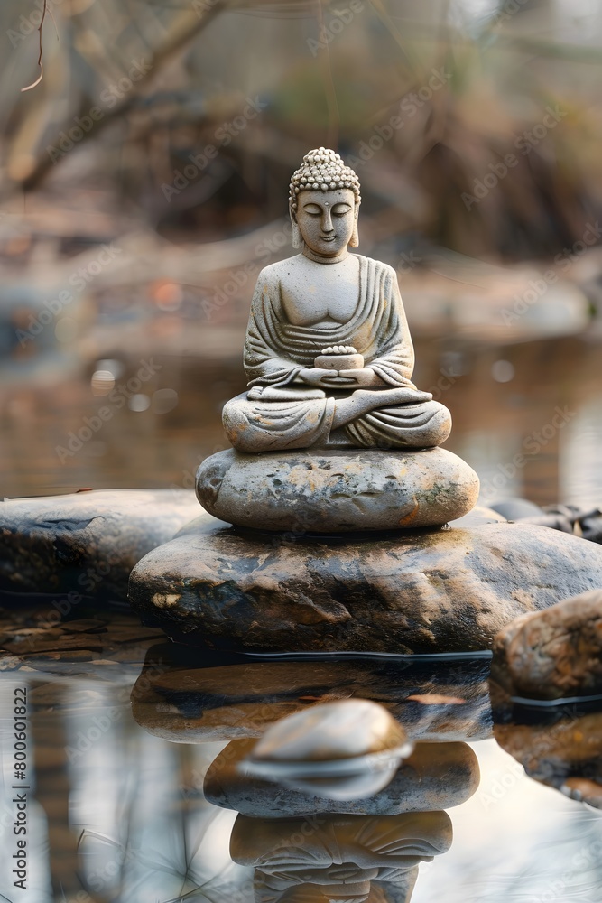 buddha statue on a rock lakeside, natural spa background with Asian spirit, tranquility in green nature, web banner concept with copy space  blurred green nature, pebble sand