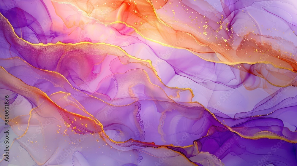 A vivid purple canvas is accented by streaks of gold, creating a sense of movement and luxury in the fluid art