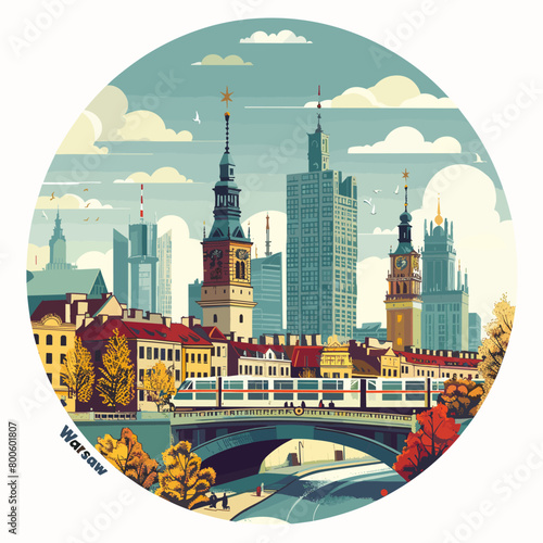 A cityscape Warsaw with a bridge and a clock tower