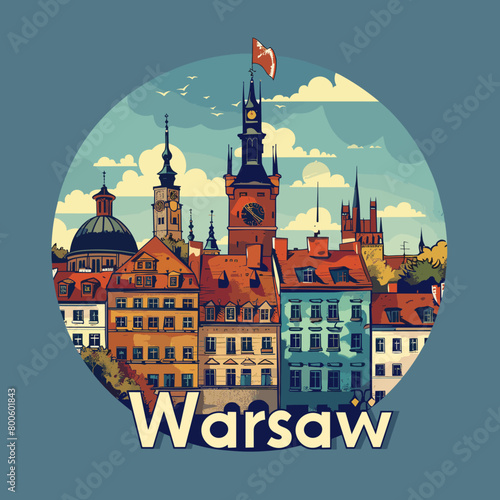 A colorful cityscape of Warsaw with a clock tower in the center