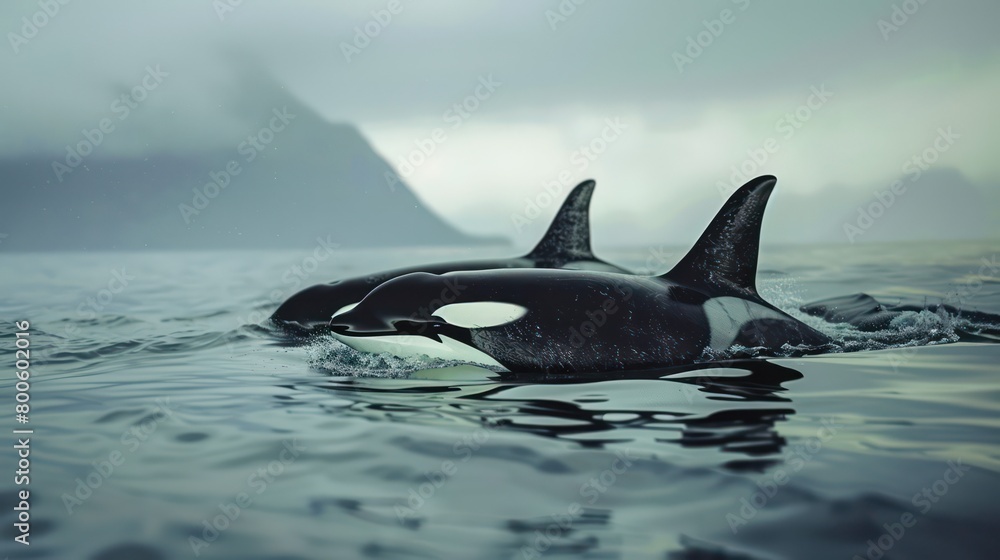 Fototapeta premium Evocative image of a single orca whale's dorsal fin cutting through the dark, moody waters under a stormy sky