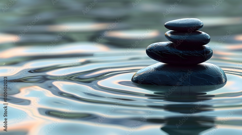 Zen stones in water with reflection, pebble pyramid on the beach symbolizing balance, relaxation and meditation Stack of round smooth stones on a seashore at sunset, banner copy space for text design Zen stones in water with reflection, pebble pyramid on the beach symbolizing balance, relaxation and meditation Stack of round smooth stones on a seashore at sunset, banner copy space for text design