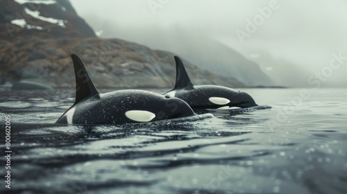 Intimate view of two orcas near the shore with foggy, rocky cliffs providing a moody and atmospheric background © Matthew