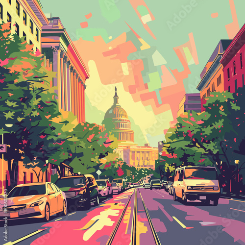 A colorful painting of a city Washington street with a large building in the background