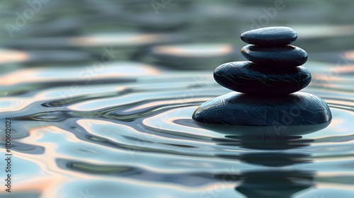 Zen stones in water with reflection  pebble pyramid on the beach symbolizing balance  relaxation and meditation Stack of round smooth stones on a seashore at sunset  banner copy space for text design