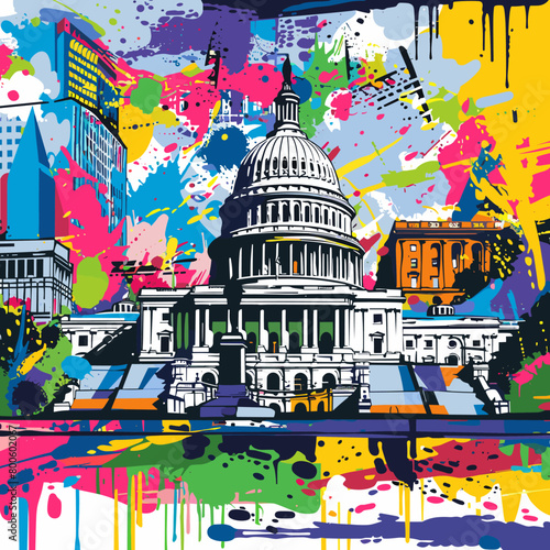 A colorful painting of the Washington United States Capitol building