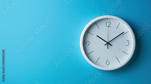 A simplistic white wall clock with black hands illustrates the concept of time on a monochrome blue backgrou