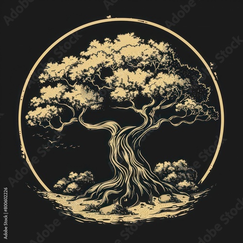 A striking golden tree with intertwining branches depicted inside a circular frame, set against a black backdrop