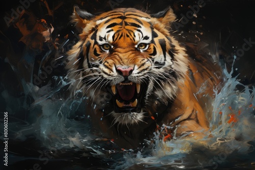 A illustration expressionistic painting of a tiger  focusing on capturing its energy and intensity