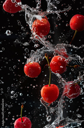 Several cherry floats in the water fresh cherry falling into water