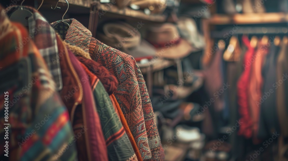 The image shows a close-up view of a variety of clothing items hanging on hangers. The clothes appear to have rich textures and include a patterned, multicolored cardigan in the foreground. There is a