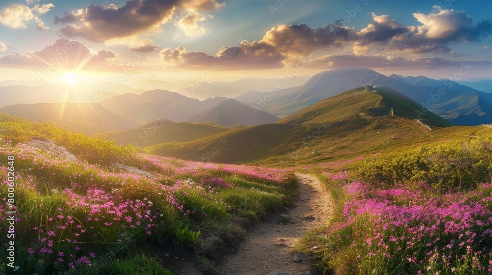 Panorama landscape of a mountain trail in full bloom, photography Colorful sun light high detail landscape background