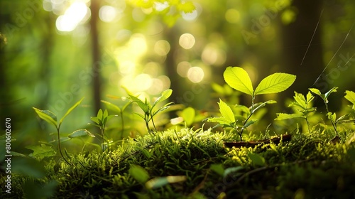 The image shows a close-up view of young plants growing among moss on a forest floor. The sunlight filters through the canopy above, creating a warm, dappled light effect with soft bokeh in the backgr