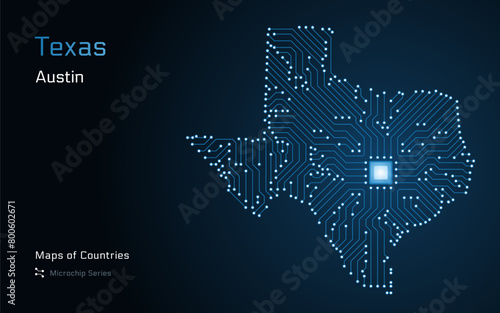 Texas State Map with a capital of Austin Shown in a Microchip Pattern. E-government. USA vector maps. Microchip Series	