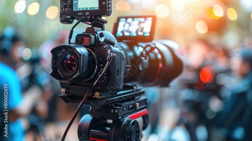 A professional-grade digital camera mounted on a tripod is in sharp focus in the foreground. The camera has a large lens with a lens hood, and a flipped-out screen showing a blurred image. The backgro photo