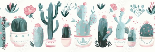 Assorted watercolor cacti and succulents in clay pots, varying in size and color, against a white background.