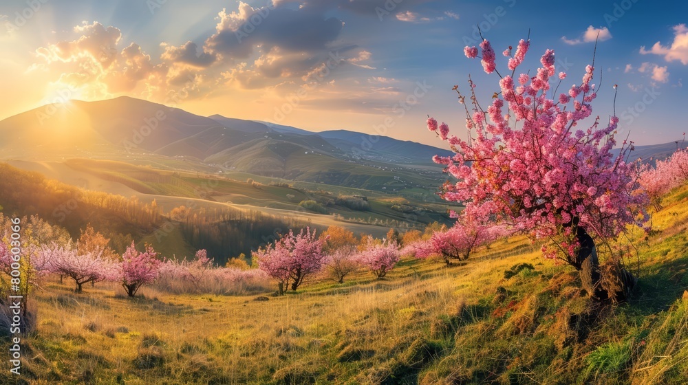 Panorama landscape of early spring bloom in the valley, photography Colorful sun light high detail landscape background Panorama landscape of early spring bloom in the valley, photography Colorful sun light high detail landscape background