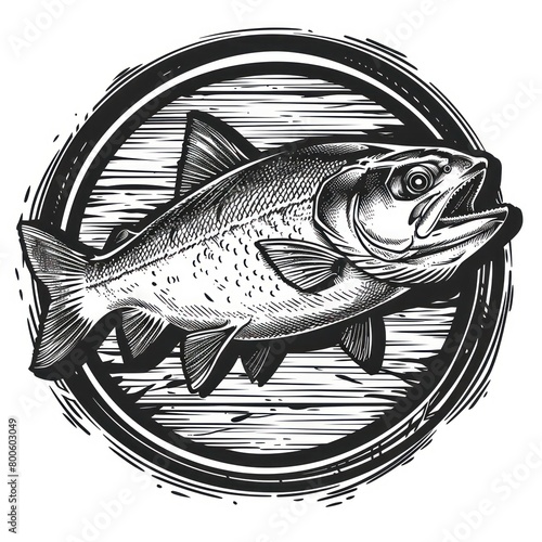 A dynamic black and white image of a freshwater bass encircled by a stylized striped frame