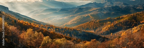 Panorama landscape of colorful autumn mountain ranges, photography Colorful sun light high detail landscape background