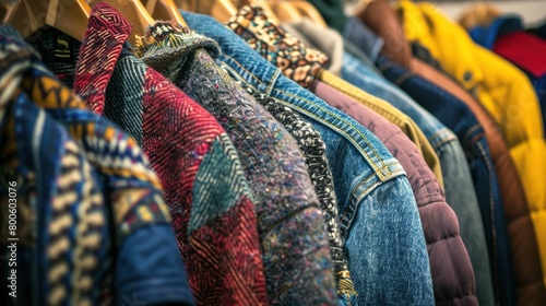 Various styles of jackets and coats are closely hung on wooden hangers. The clothing items feature a mix of materials, including denim, quilted fabric, and what appears to be wool. The patterns and co photo