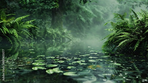 The image features a tranquil forest scene with a foreground of still water dotted with numerous lily pads. A rich variety of vibrant green ferns are flourishing on the water s edge  adding a lush det