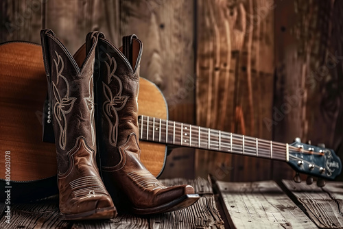 Cowboy boots and acoustic guitar on wooden background