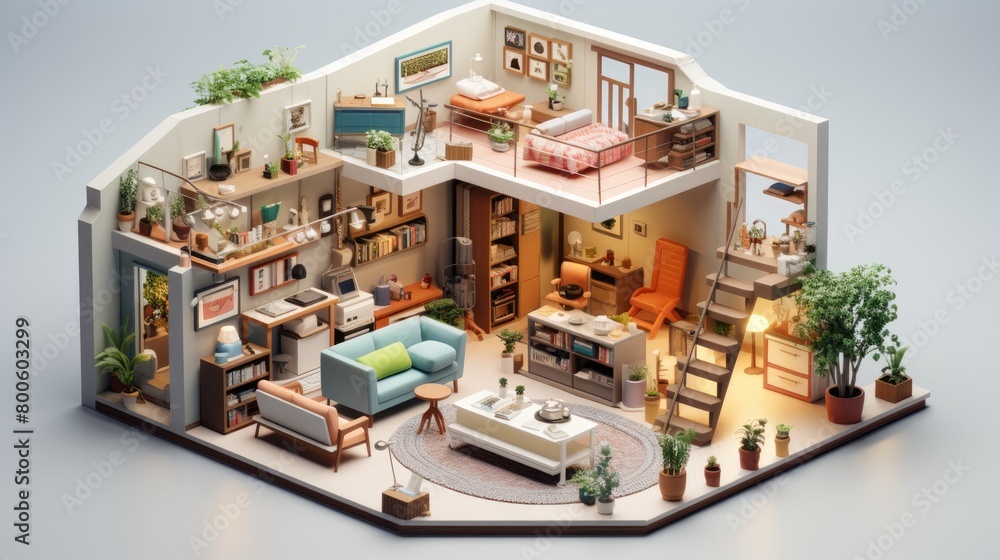 a image isometric diorama home room isolated on white background