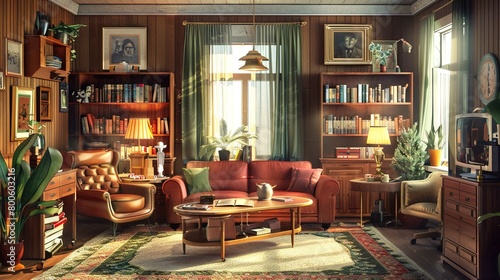 The image shows a cozy, well-lit interior of a vintage-style home office. There is a large window with translucent curtains and heavy green drapes, allowing natural sunlight to filter into the room an
