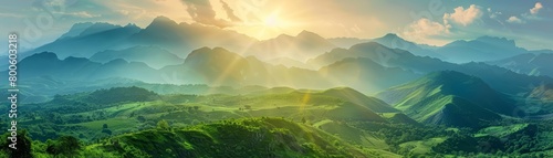 Panorama landscape of mountains crowned with summer greenery, photography Colorful sun light high detail landscape background photo