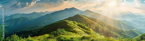 Panorama landscape of mountains crowned with summer greenery, photography Colorful sun light high detail landscape background