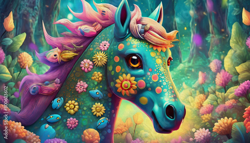 oil paint style cartoon character illustration Pattern of multicolored horse head, art, animal, 