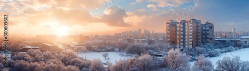Panorama landscape of winter snow on city outskirts, photography Colorful sun light high detail landscape background © JK_kyoto